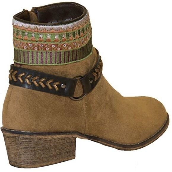 Tiara Camel Suede Embroidery Harness Biker Western Cowgirl Festival Booties NEW - Picture 2 of 3